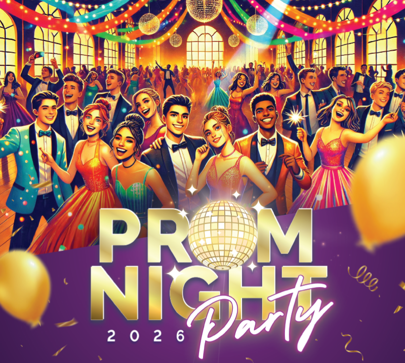 prom party nights 2026, people dancing and discoballs
