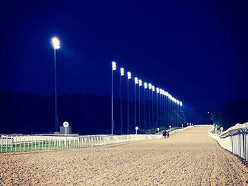 View of the Newcastle Racecourse track at night.
