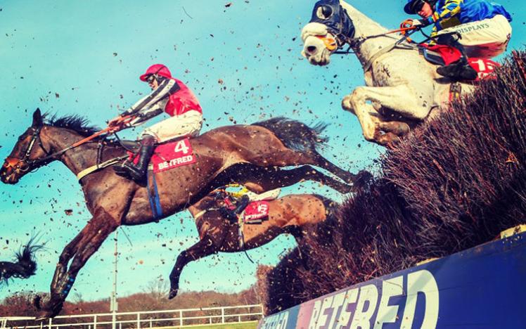 Horses with jockeys jump over a Fence at Newcastle Racecourse