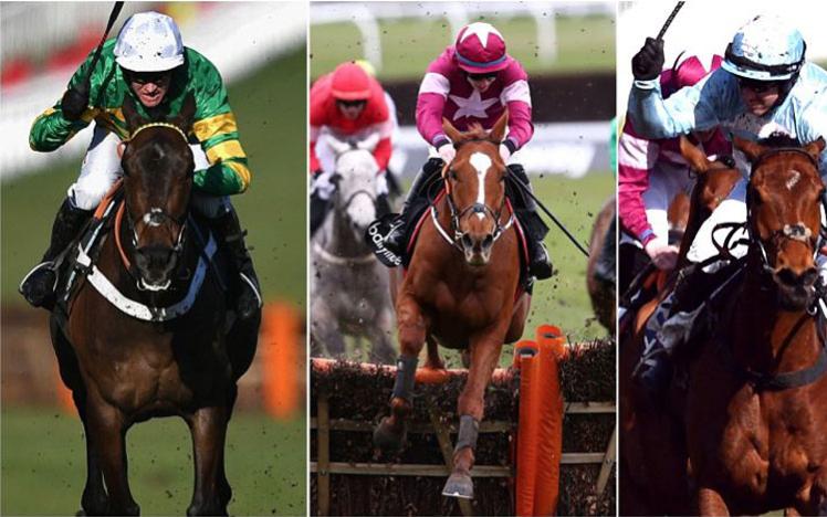 Three different pictures of horses with Jockeys.