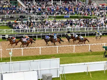An overhead view of horses racing past the grandstand at Newcastle Racecourse
